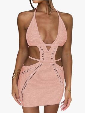 Crochet Cutout Halter Mini Dress in Blush Pink